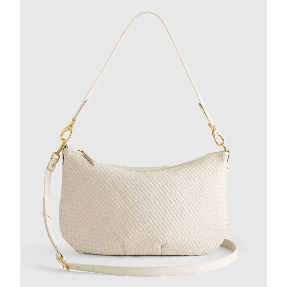 Quince Italian Leather Convertible Crescent Handwoven Shoulder Bag, Color: Bone